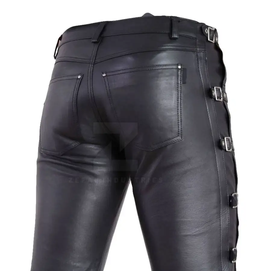 Men's Lightweight Breathable Casual Leather Pants Mid Waist Dark High Shine Finish Button Closure Customized Logo Winter Fashion — Zefal Industries product photograph 6 of 6